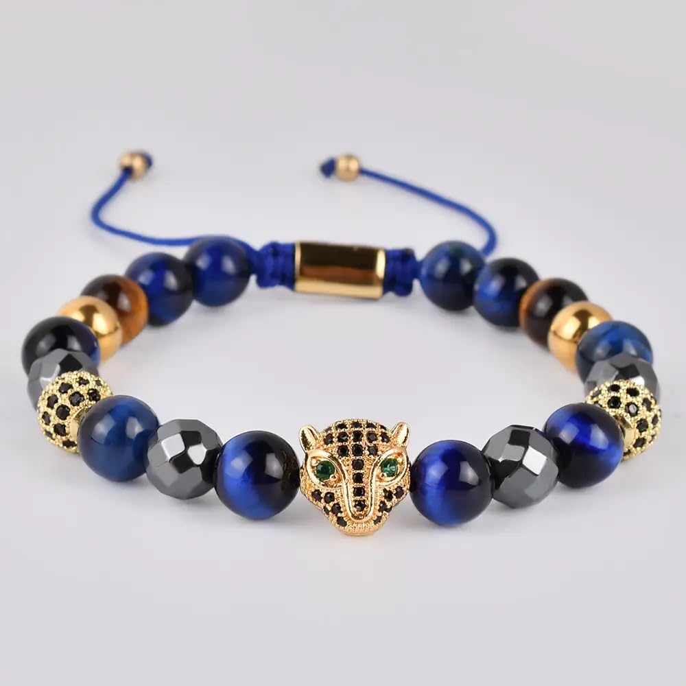 Blue Tiger Eye, Hematite CZ Leopard Charm Bracelet for Men and Women 8mm Natural Stone Beads Healing Crystals for Confidence Protection Focus Grounding Adjustable Braided Cord Spiritual Meditation Jewelry Yoga Gift Anxiety Relief Mindfulness Accessory Uni