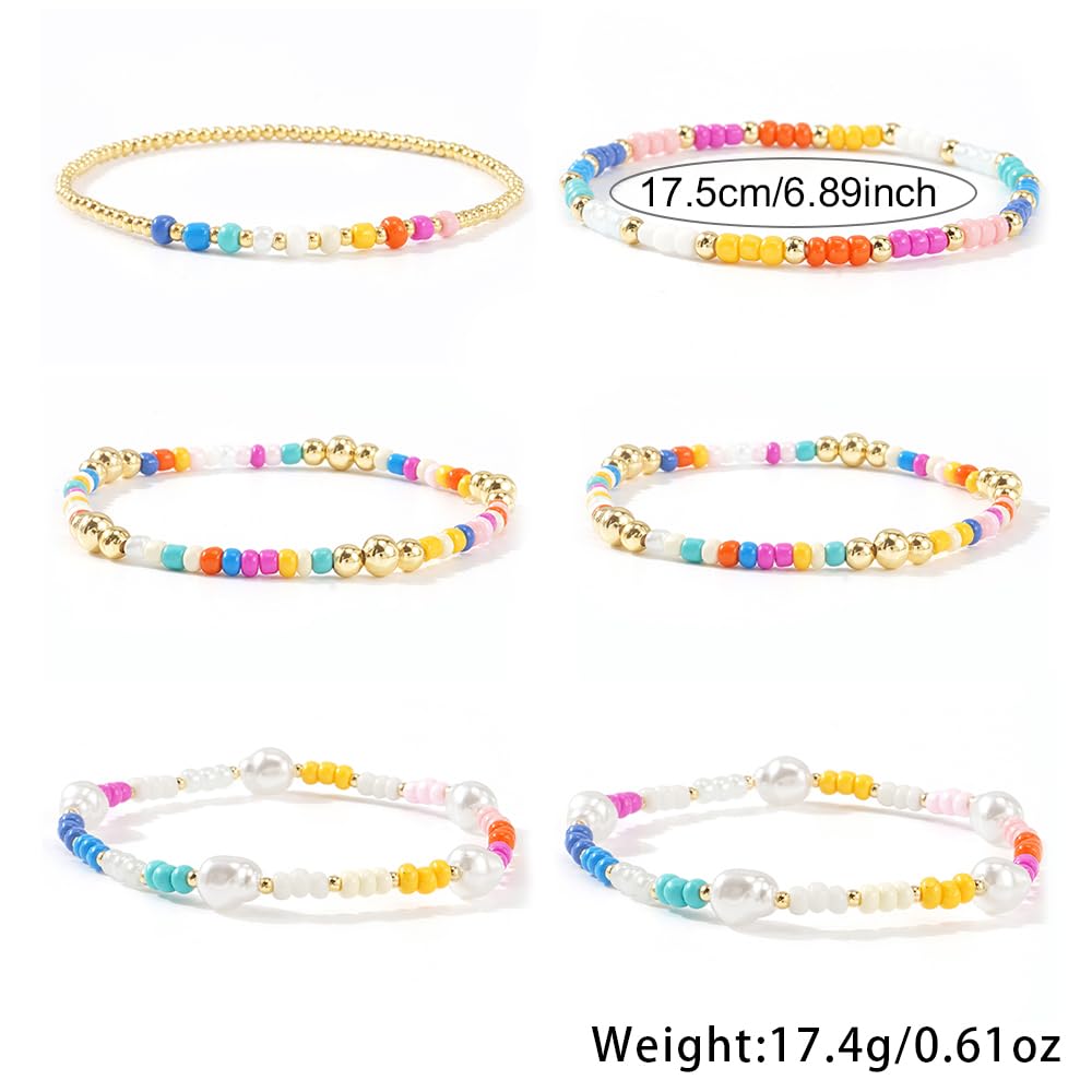 Bohxantium Gold Beaded Bracelets for Women Stack - Boho 14K Gold Plated Stretch Stackable Bracelets Set Pearl Colorful Seed Beads Trendy Dainty Jewelry Summer Beach Jewelry Gift