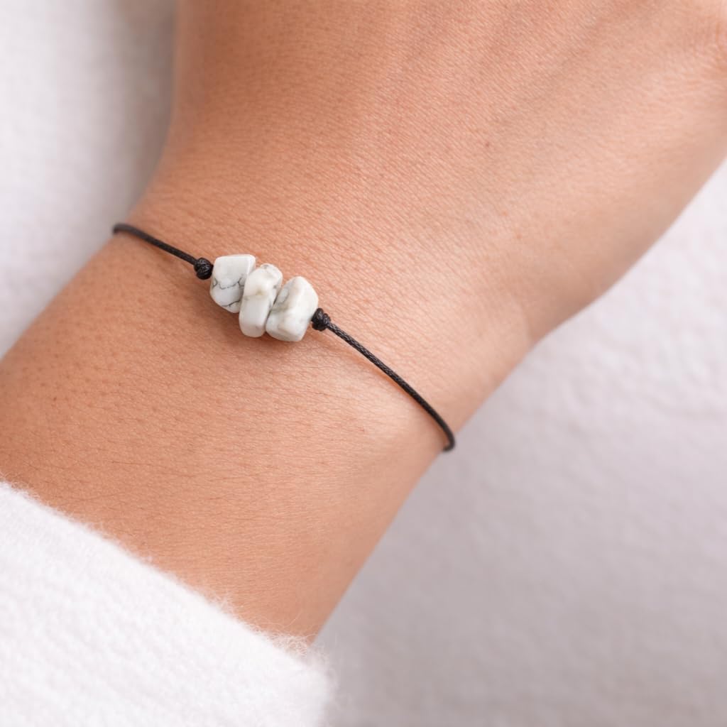 The Blue Yogi Howlite Healing Crystal Bracelet Anklet 2-in-1 Adjustable Tie Closure Anxiety Relief Sleep Calming Jewelry with Affirmation Card