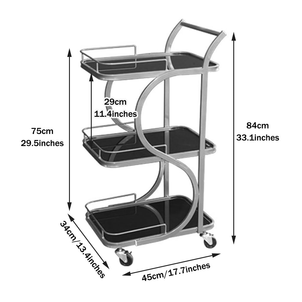 FGQuelleBM Nordic 3-Tier Serving Cart, Minimalist Mobile Snack with Handles & Wheels, Glass Top & Metal Frame for Office/Kitchen(Gold Black,84 * 45 * 34cm)