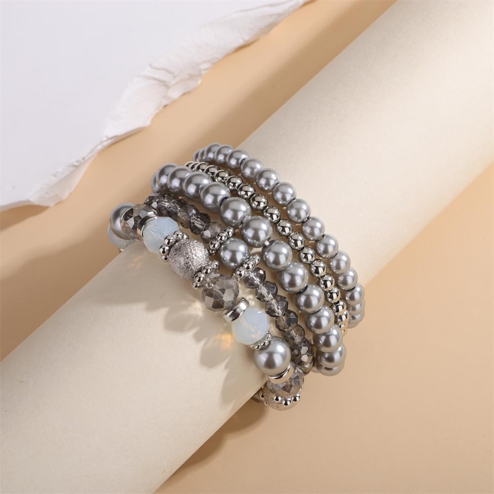 Sither Beaded Pearls Bracelets Pack for Women Boho Laryed Stretch Bracelet Jewelry Set for Halloween Christmas Gift (silver)