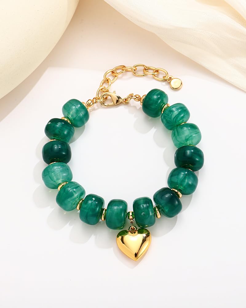 FAUTHENTICUTE Boho Green Beaded Bracelets for Women Chunky Bead Strand With A Small Gold Heart Charm Trendy Stacking Bracelet Gift Perfect Summer Beach Jewelry Gift