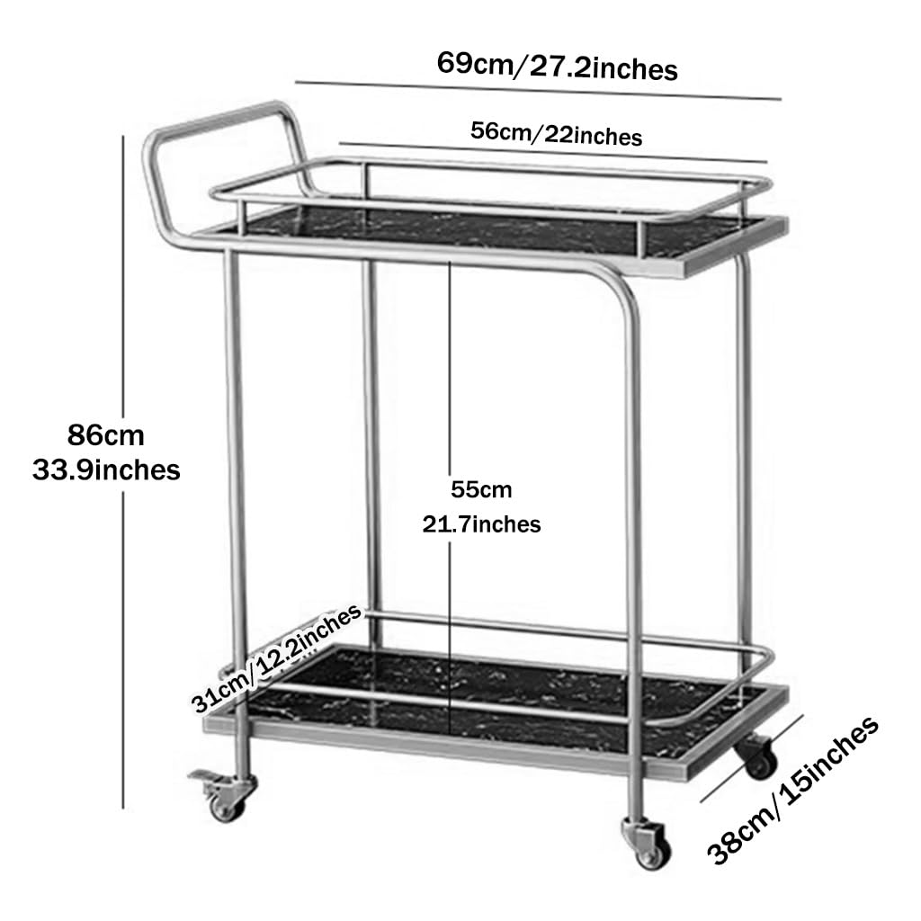 FGQuelleBM Commercial 2/3-Tier Serving Cart with Handles, Rectangular Beverage Cart with Brake Wheels, Marble-Pattern Top & Fence for Cakes(Gold White A)