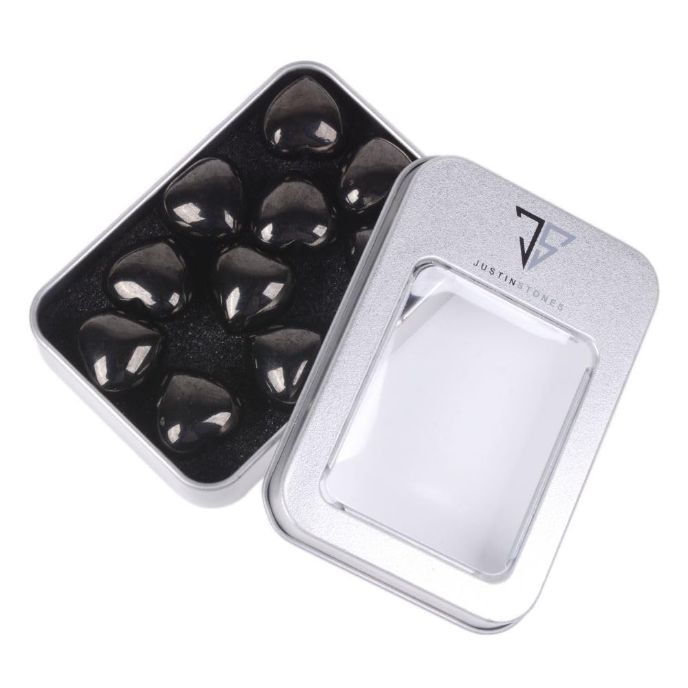 Justinstones Black Jet Lignite Natural Gemstone Healing Crystal 0.8" Mini Puffy Heart Pocket Stone Iron Gift Box (Pack of 10)