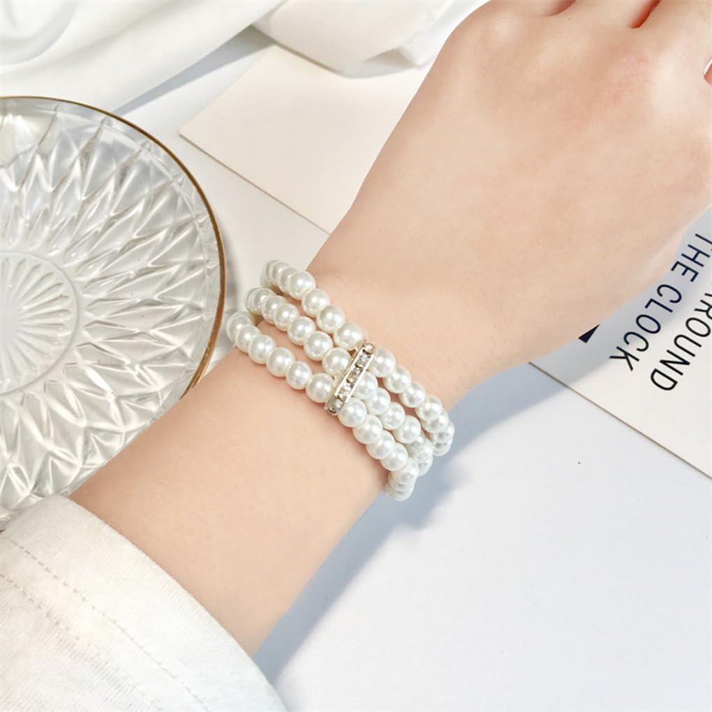 MONAZEO 2-8Pcs Vintage Pearl Bracelet 3-Row Pearl Stretch Bracelet Multi-Layered Elastic Bangle Bridal Wedding Jewelry 1920s Flapper Costume Accessories for Women