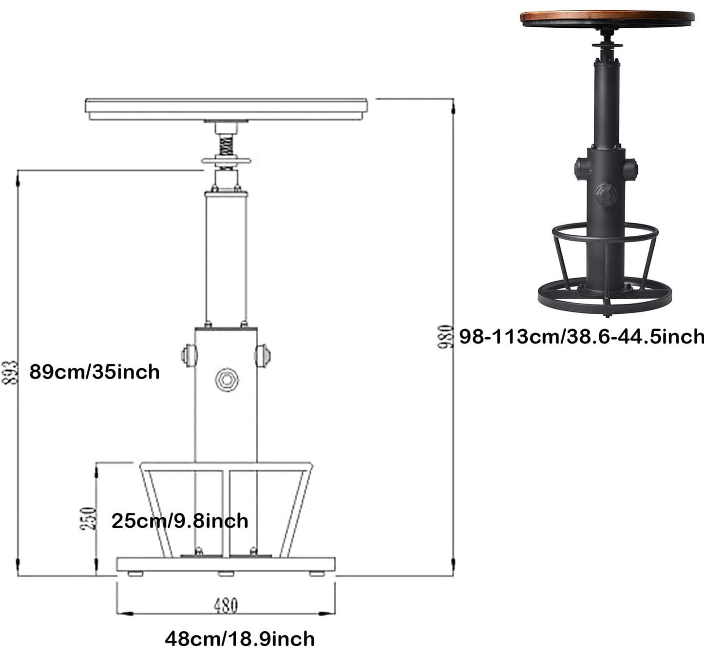 3-Piece Bar Height Table & Stools Sets for Cocktail Bistro Home Pub Party, Weld Metal Legs Round Wood Top, Rustic Brown Industrial Black Adjustable Swivel (1×38.6"-48.4" Table, 2×26"-32" Stool)