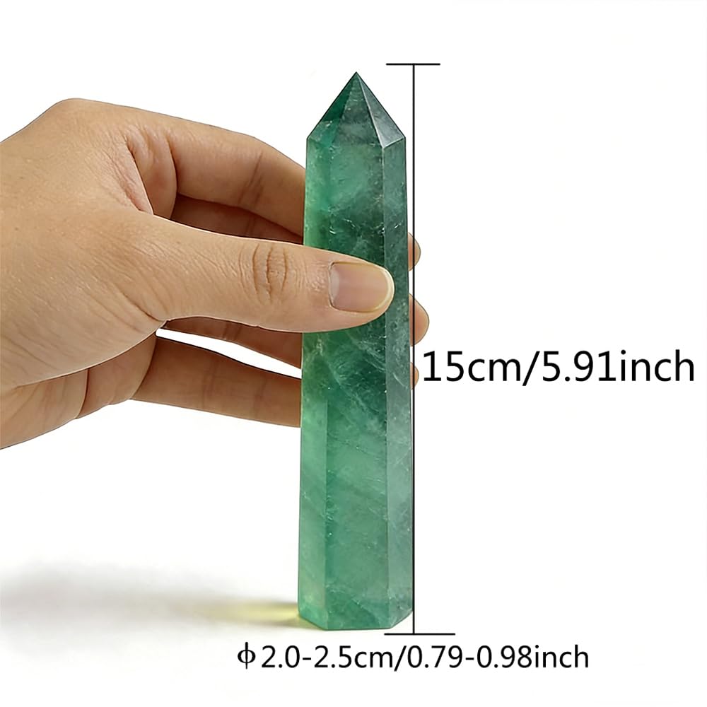 5.8-6.2 Inch Natural Green Fluorite Crystal Point 2Pcs Set, Single Terminated Hexagonal Prism Stone, Energy Protection Spiritual Awakening Crystal, Reiki Meditation Home Decor Ornament Gift