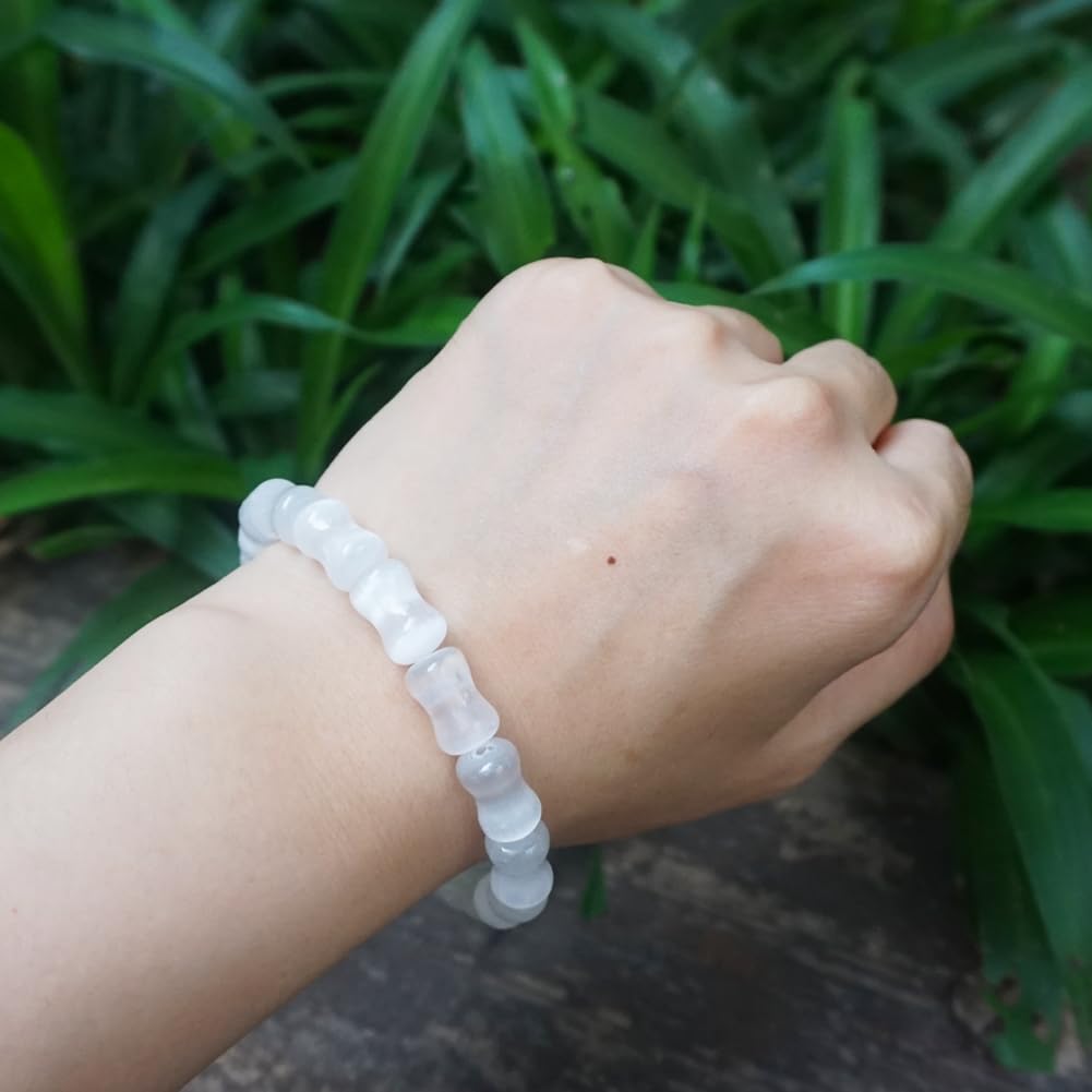 TaHLga 8mm Selenite Bracelet White Bamboo-Shaped | Natural Stone Beads with Traditional Bamboo Node Design | Handmade Meditation Healing Crystal Jewelry | Beading Tool Kit - Adjust to 6.5-7.5 inches