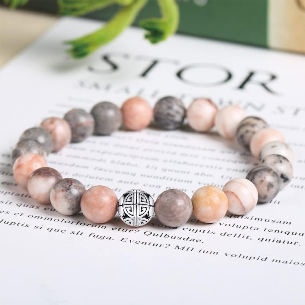 MetJakt Healing Crystals Beaded Bracelets for Womens Natural Gemstone 8mm Beads Stretch Bracelets with 925 Sterling Silver Double Happiness Pendant (Pink Zebra Jasper)