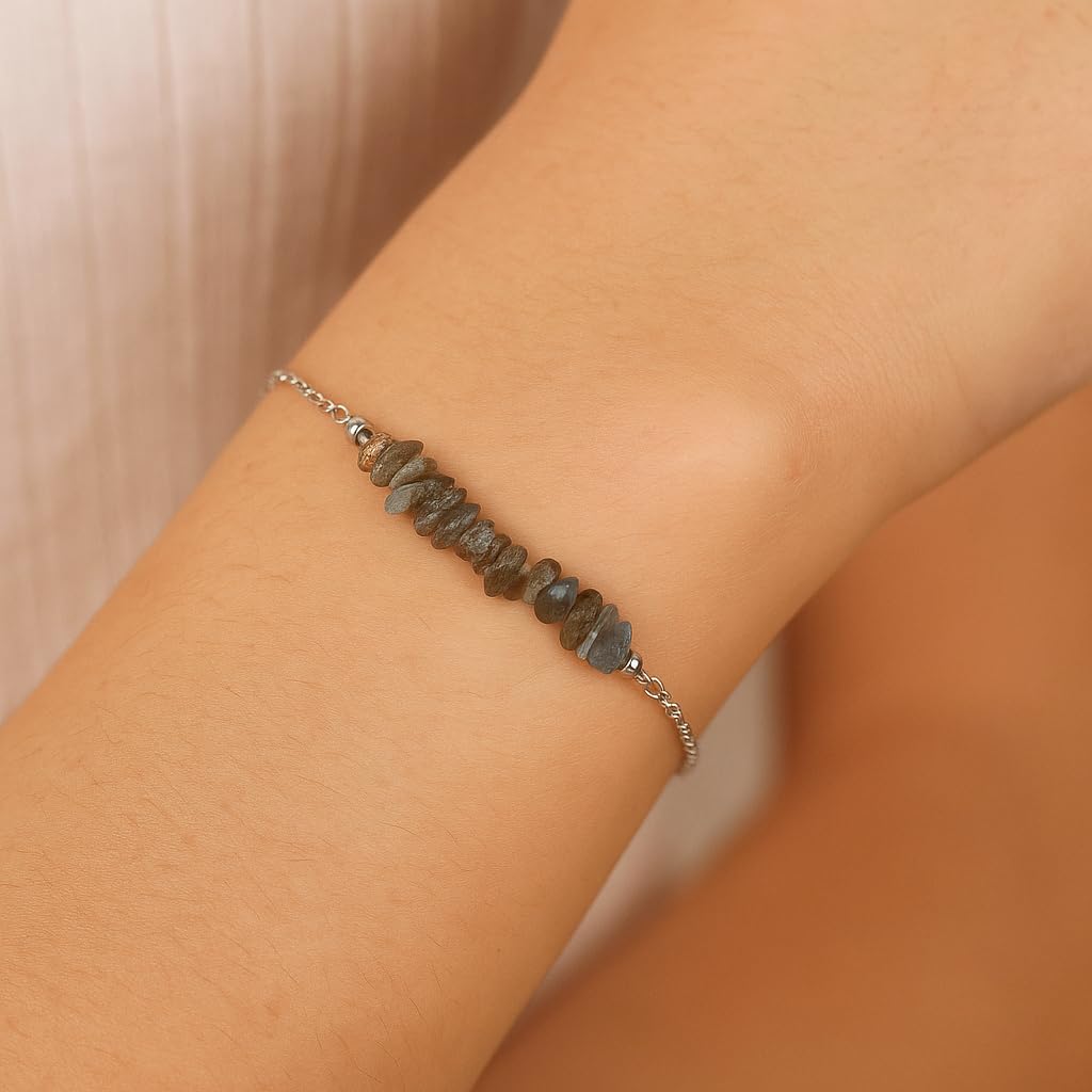 Gemimpression Handmade Labradorite Chips Bracelet – Natural Energy Healing Crystals – Adjustable Silver Plated 8 Inch Chain – Gift for Her – Mother’s Day Gift