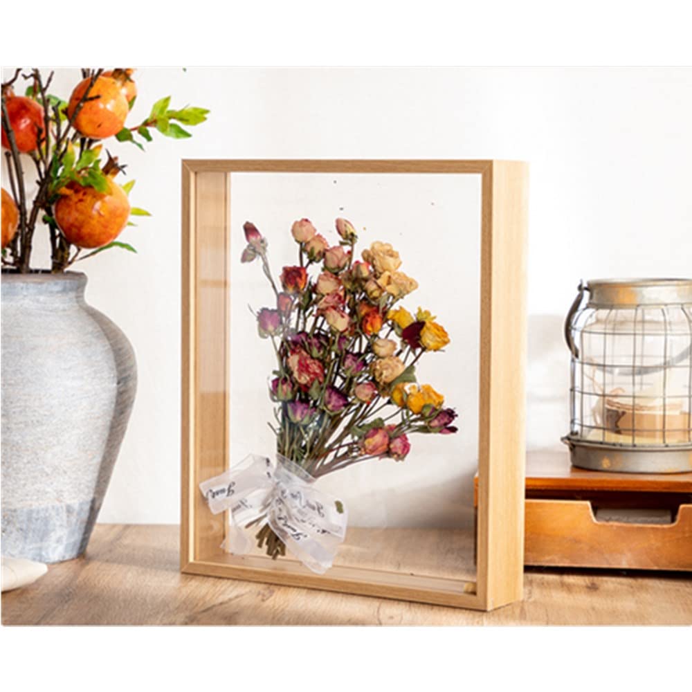 OUKEYI 8x10 Floating Frame in Light Oak,Double Glass Picture Frame Display Photo ,Wooden Dried Flower Photo Frame Dried Flower Display Stand Decorative Floating Photo Frame