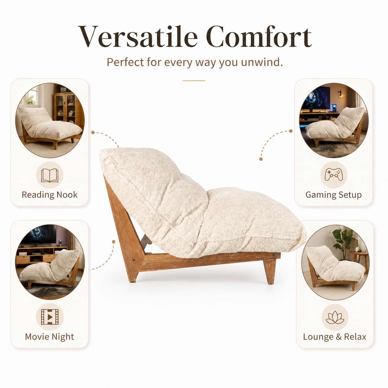 DESIGN 59 Giant Bean Bag Chair, Oversized Bean Bag Couch for Adults and Kids, Faux Fur Large Chair with Filler, Acacia Wood Frame, Accent Sofa Lounge Floor Sofa for Gaming, Reading, Beige