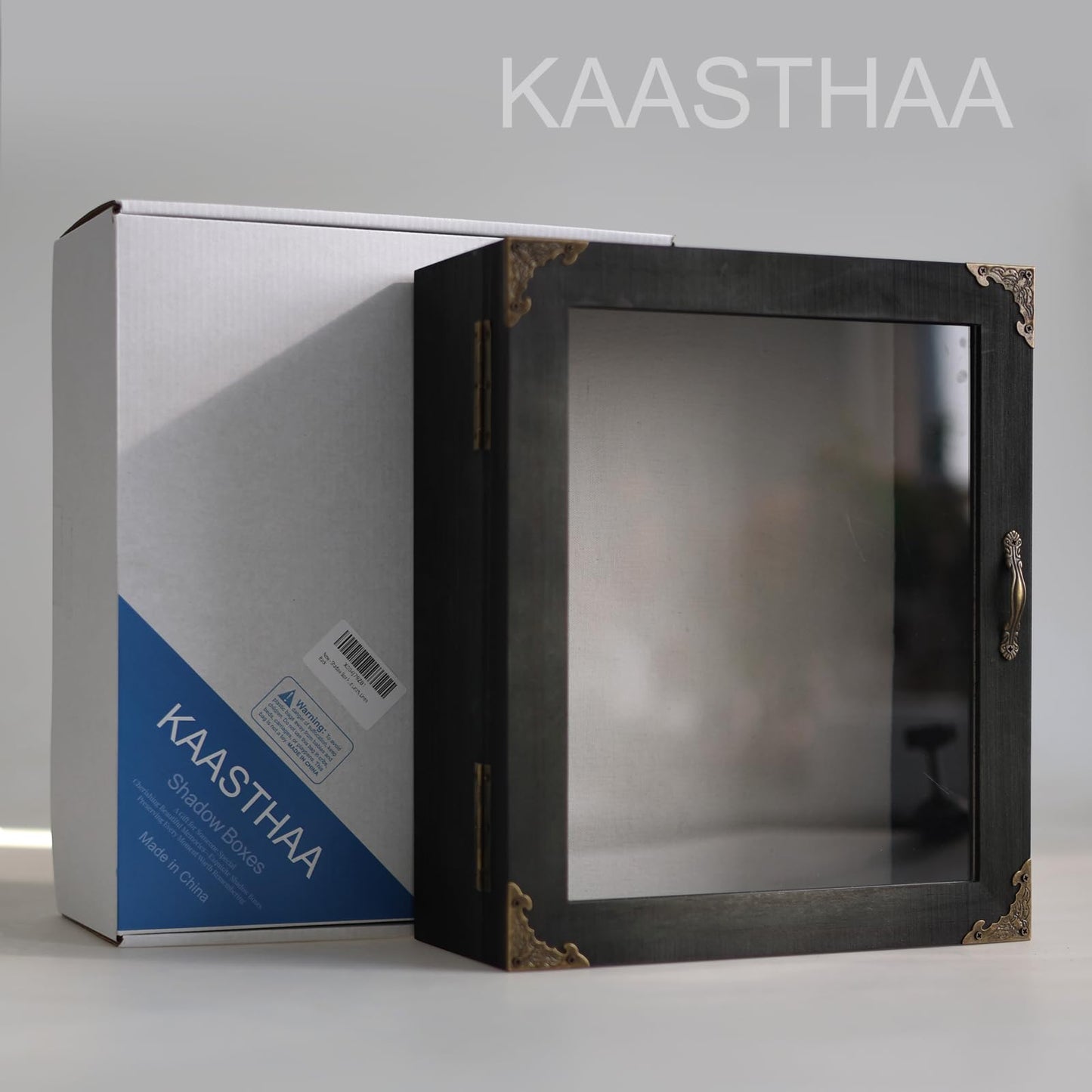 KAASTHAA Shadow Box Frame 11x13, Depth 5in Shadow Boxes Display Cases, Acrylic Door, Rustic Burnt Wood, Vintage Metal Accents, Hinged Door, Metal Handle and Latch, Linen Back
