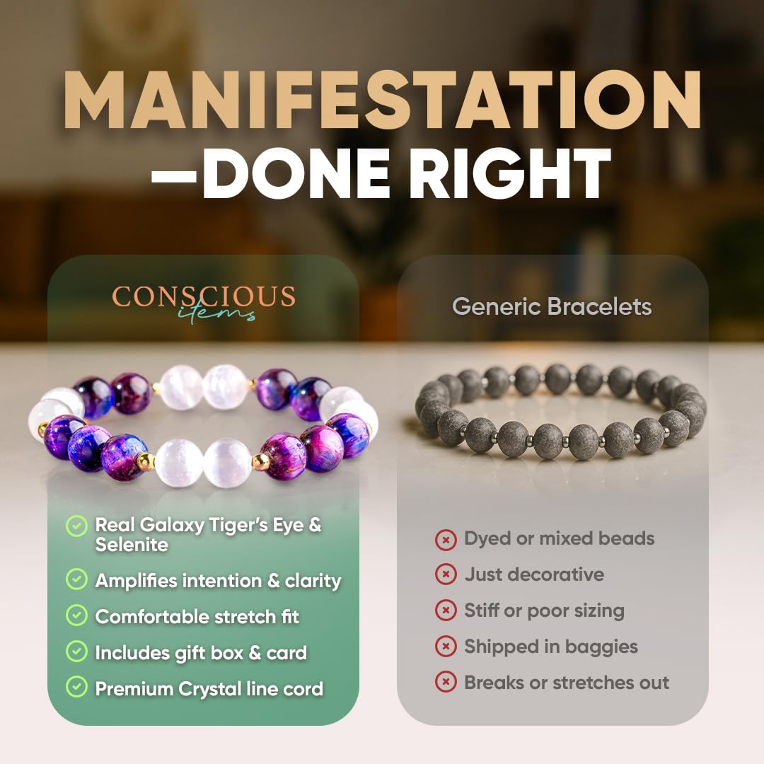 Conscious Items Cosmic Energy Amplifier, Galaxy Tiger Eye Beads Bracelet with Selenite Crystal for Manifestation, Clarity, & Confidence, Wealth Bracelet with 14K Gold-Plated Accents for Women & Men
