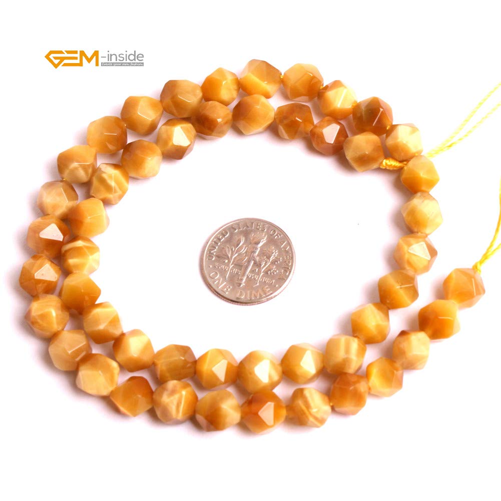 GEM-Inside Natural 8mm Gold Yellow Tiger Eyes Gemstone Loose Beads Faceted Cambay Crystal Energy Stone Power for Jewelry Making 15"