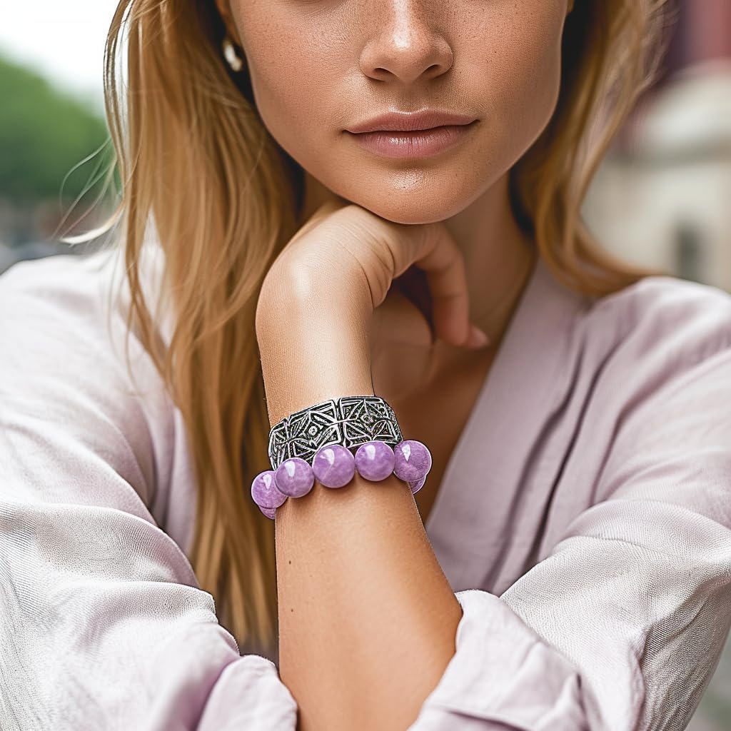 MetJakt Healing Crystals Beaded Bracelets for Womens Natural Gemstone 8mm Beads Stretch Bracelets with 925 Sterling Silver Double Happiness Pendant (Purple chalcedony)