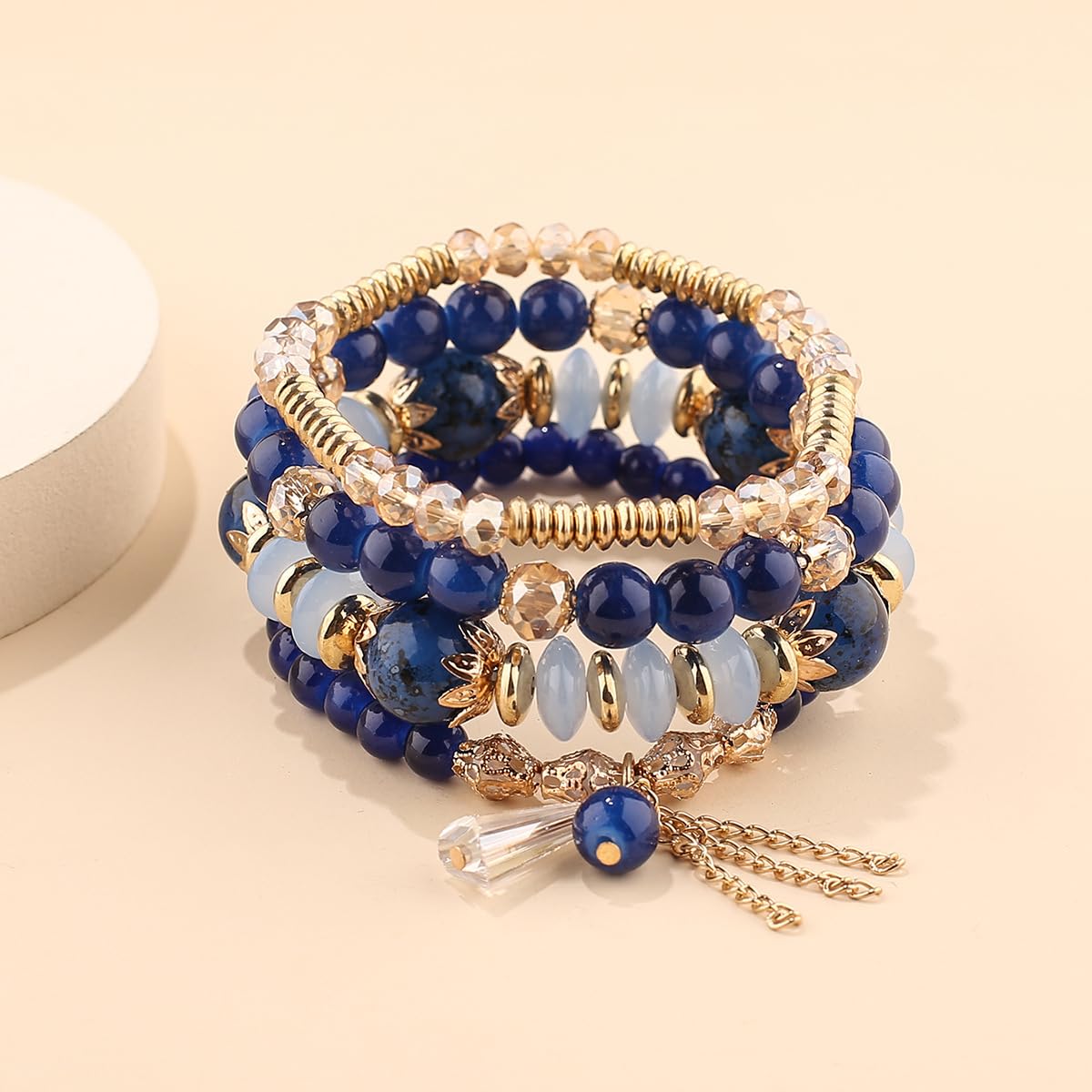 LOTSOF Bohemian Green Jade Stackable Bracelet Set - 4-Layer Stretch Beaded Bracelets with Gold Accents, Boho Jewelry for Women, Fashion Statement Accessory (Gift Ready) (Dark Blue)
