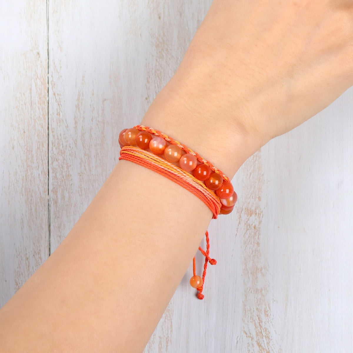 QOGIR Handmade Healing Bracelets,8mm Natural Orange Carnelian Gem Stone Beads Bracelet for Men Women Gifts with 2PCS Size Adjustable Rope Bracelets