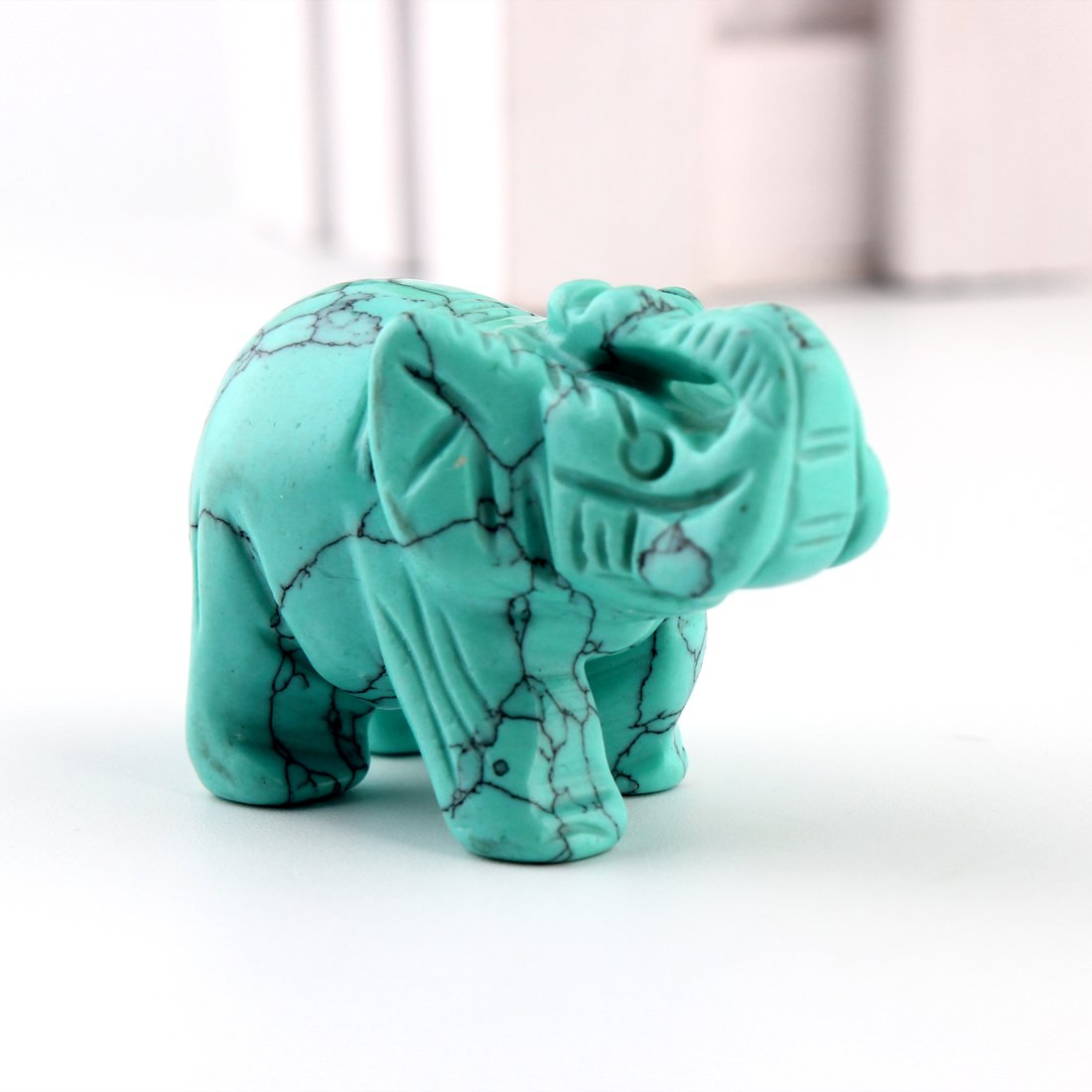Green Turquoise Elephant 1.5Inches Statue Crafts Natural Stone Carved Figurine Chakra Carving Stones Healing Reiki Free Pouch (Turquoise)