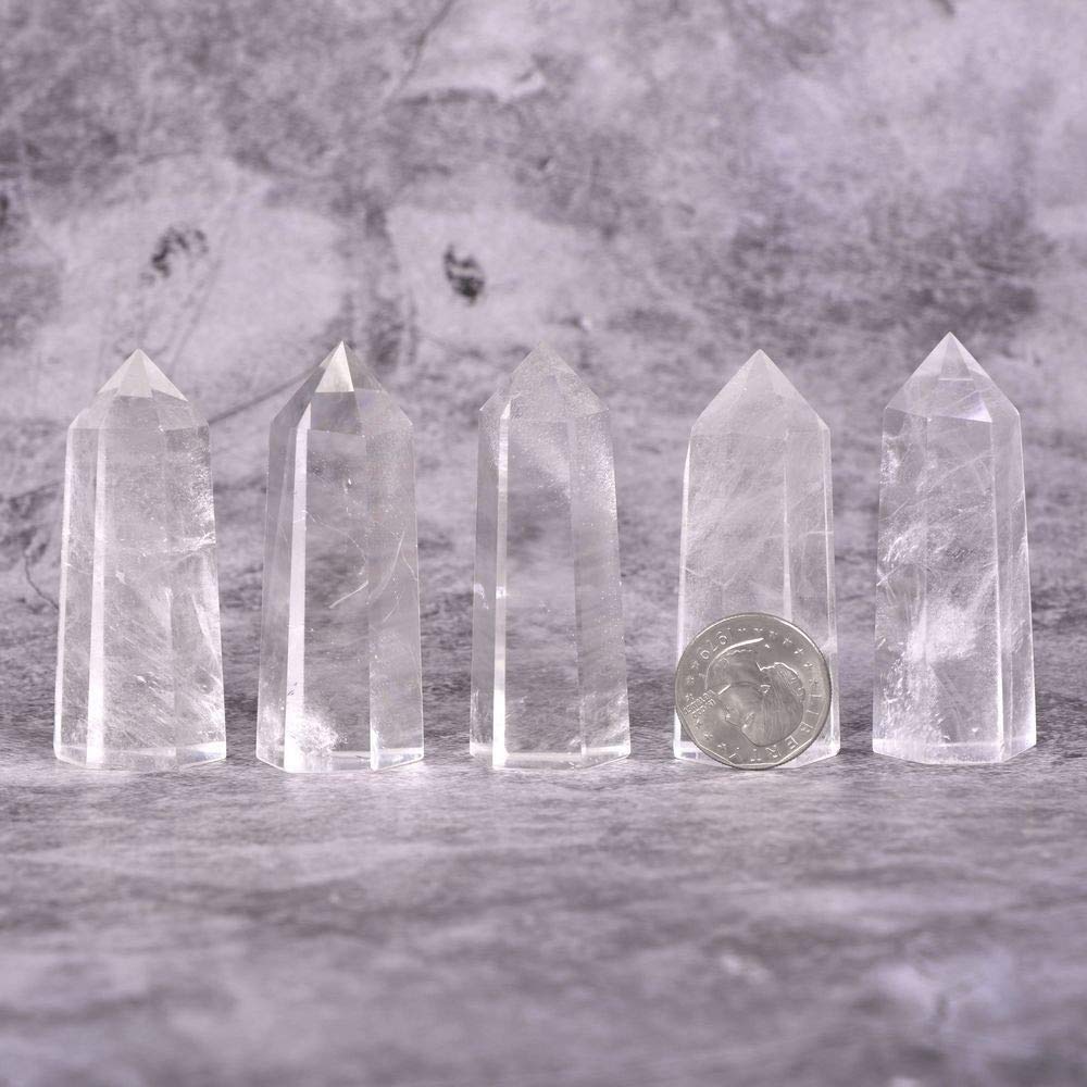 Angelstones Natural Clear Quartz Gemstone Healing Crystal Hexagonal Pointed Reiki Chakra Faceted Prism Wand Carved Stone Figurine Home Decor