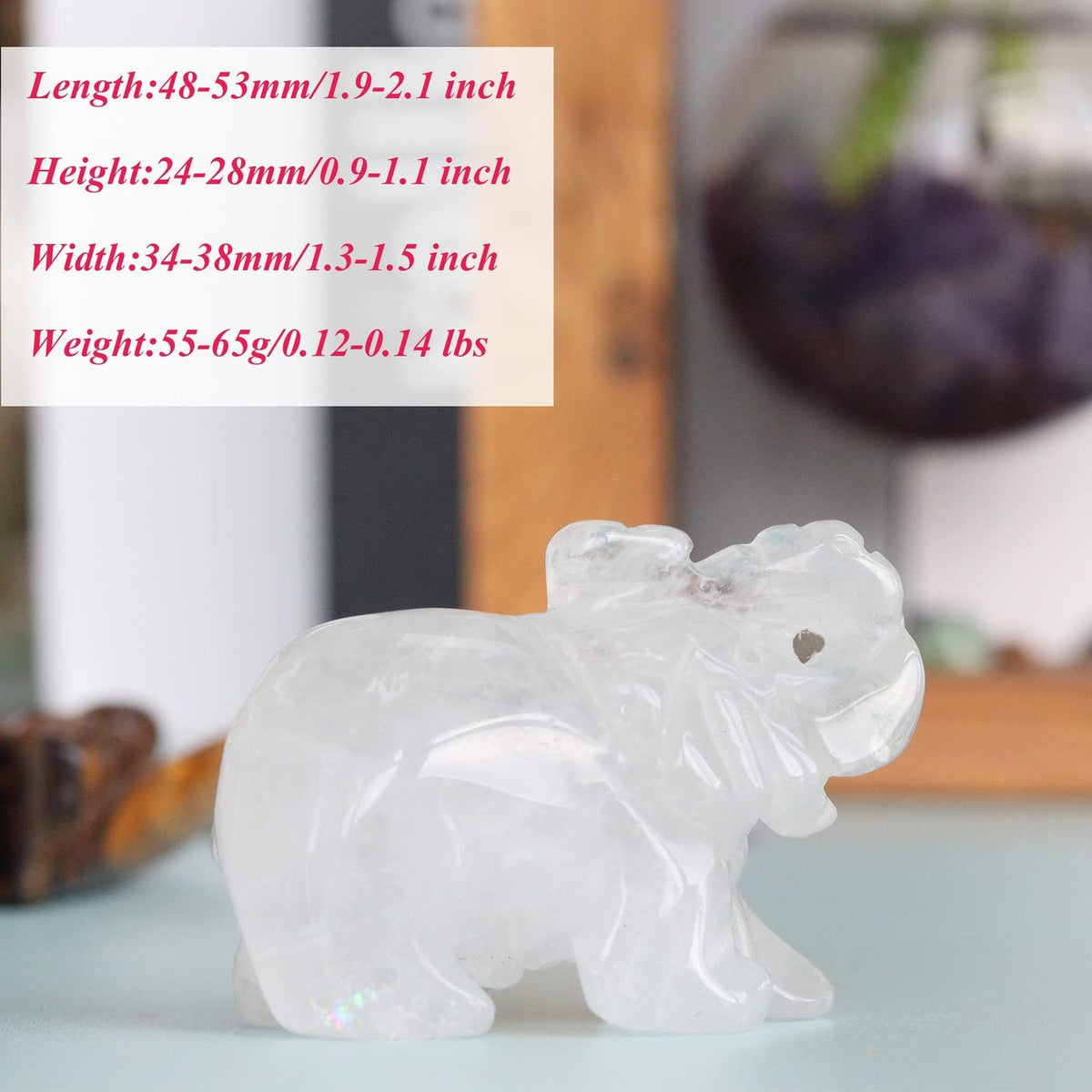 2" Clear Quartz Elephant Decor Healing Crystal Cute White Polished Natural Stone Hand-Carved Big Sculpture Statue Figurines Gemstone Energy Hippie Home Room Office Desk Decoration Gifts for Women Men