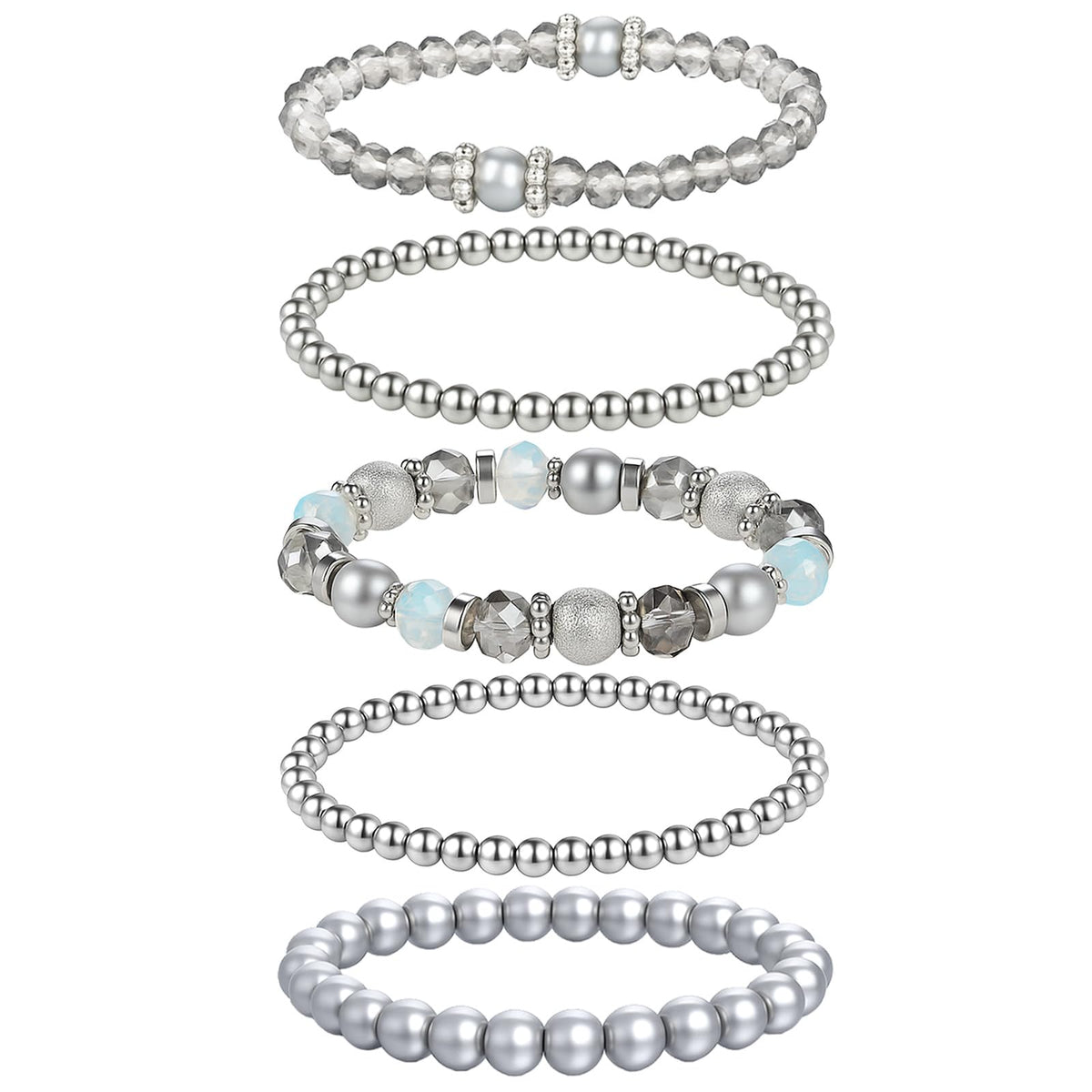 Heclia Beaded Stretch Bracelets Silver Stackable Crystal Beads Bracelets 5PCS Beaded Boho Stretch Bracelet Layering Crystal Stone Bead Bracelet Trendy Costume Jewelry Gifts for Women
