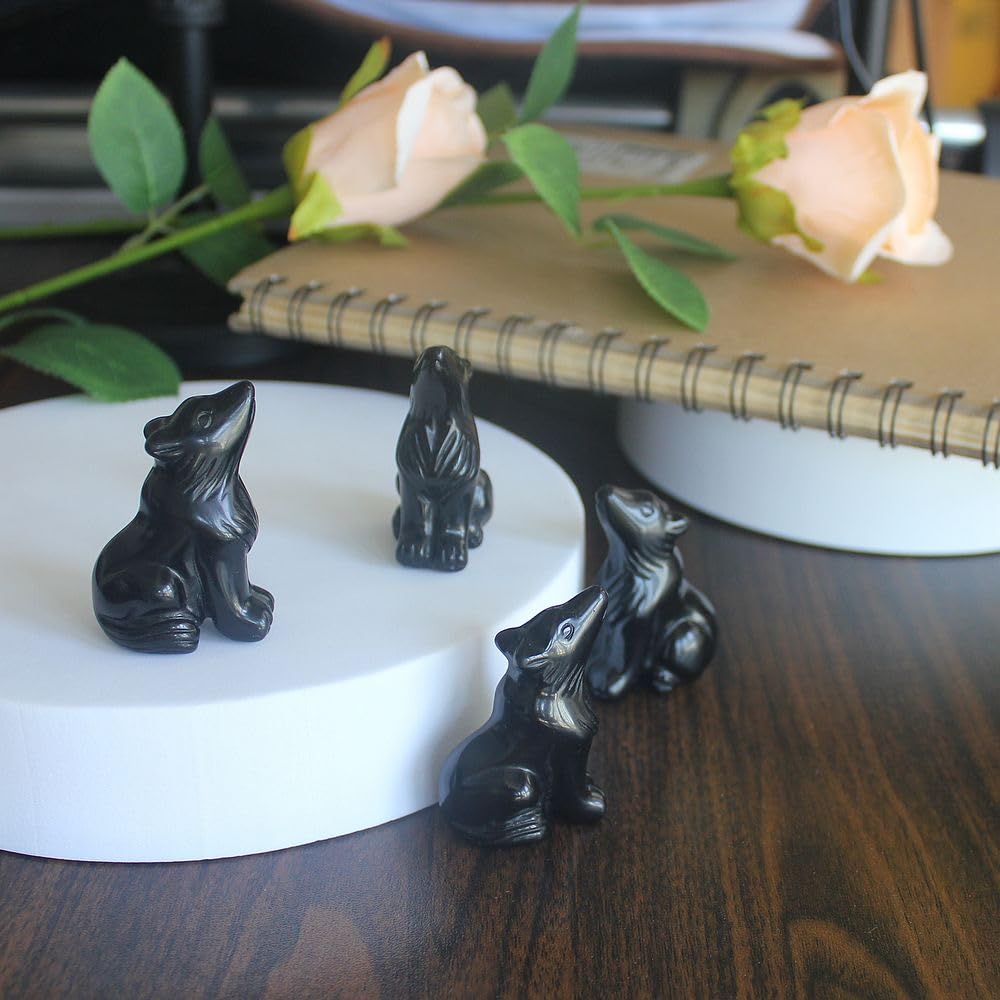 HLbshi Hand Carved Gemstone Crystal Wolf Figurine Animal Statue Carving Office Home Decor Collections 2'' (Black Obsidian)