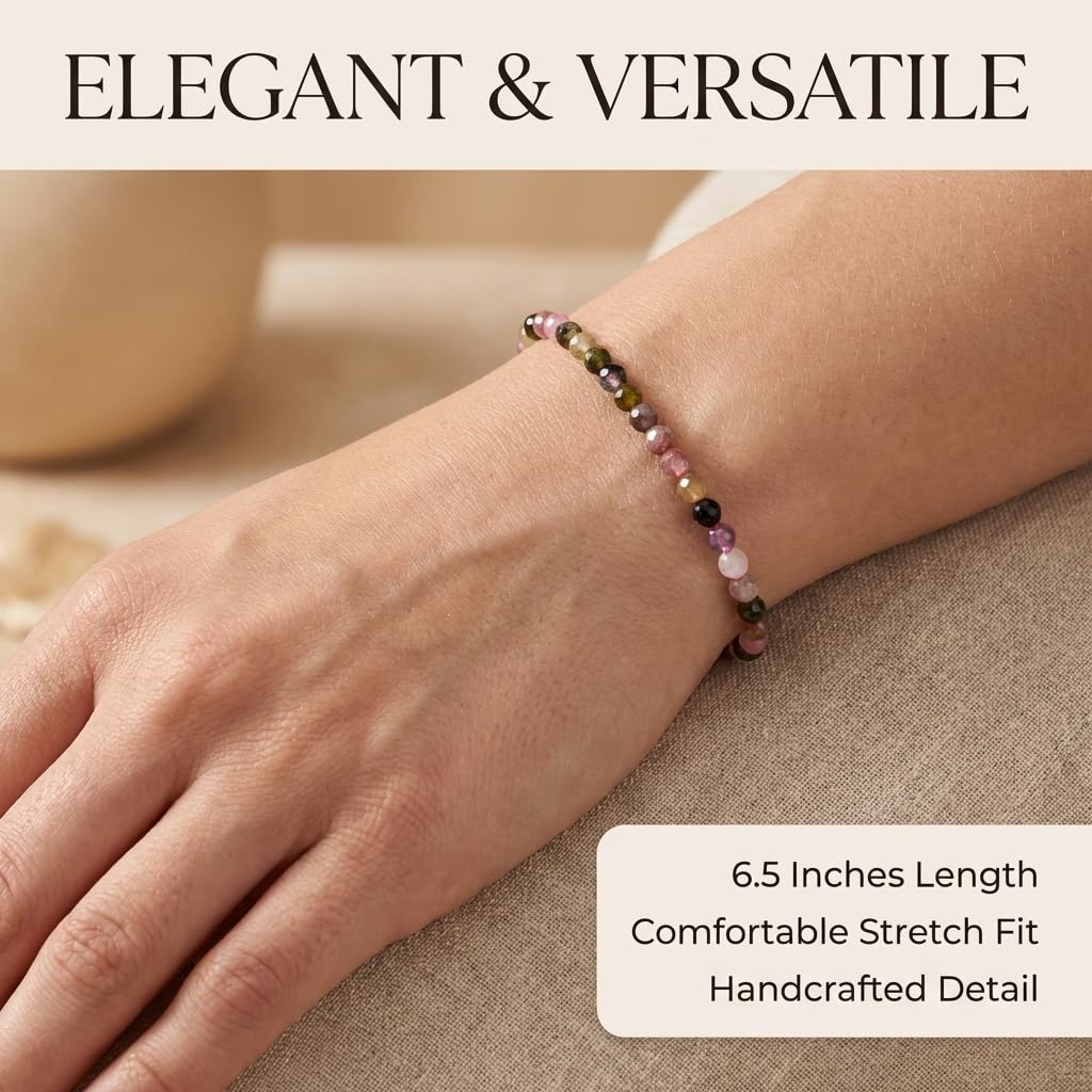 Angelstones Natural Multicolor Tourmaline Gemstone Stretch Bracelet, 4mm Faceted Round Beads, Crystal Healing for Women