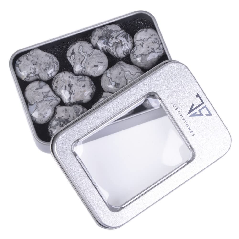 Natural Black Lace Jasper Gemstone Healing Crystal 1 inch Mini Puffy Heart Pocket Stone Iron Gift Box (Pack of 10)
