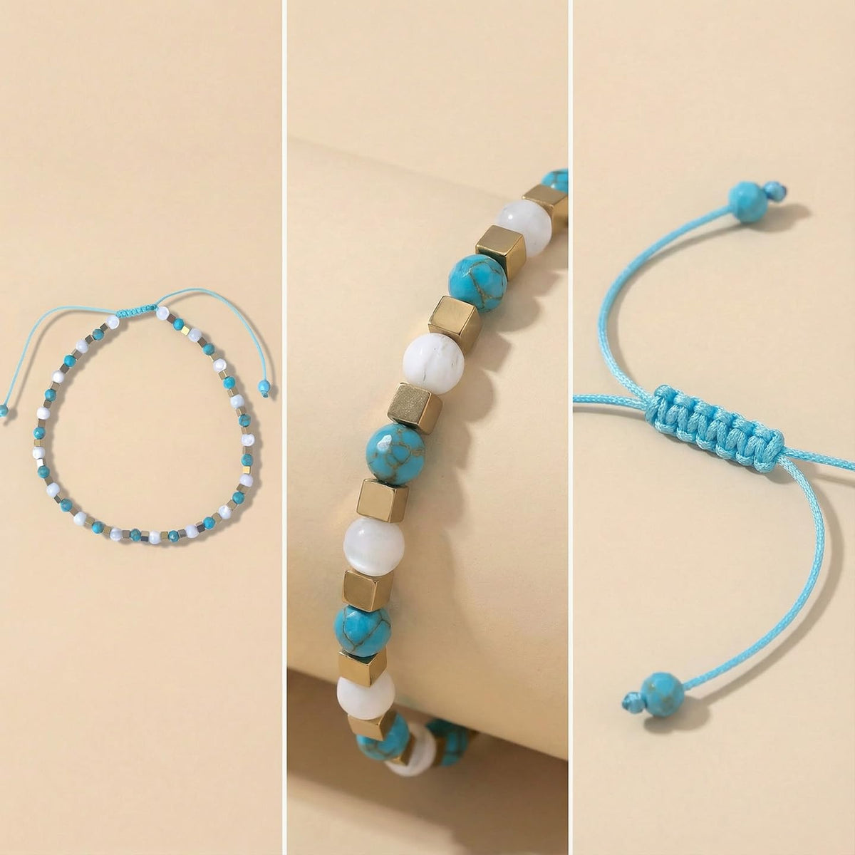 BEADSENER Stabilized Turquoise Adjustable Charming Bracelet for Women, 3mm Natural Shell Gemstone Hematite Stone Beads, Pull String Slider Metal Free Design Waterproof, Gift for Her Daily Wear