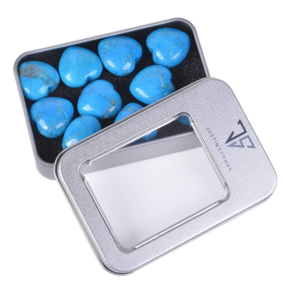Dyed Turquoise Howlite Gemstone Healing Crystal 0.8" Mini Puffy Heart Pocket Stone Iron Gift Box (Pack of 10)