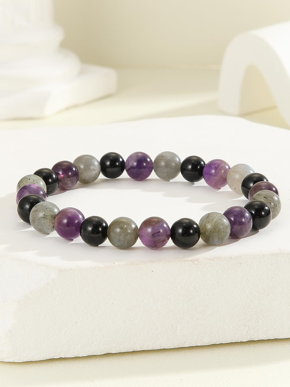 Crytsal Vibe Ultimate Protection Bracelet - Labradorite – Amethyst – Black Tourmaline - 8mm Beaded Bracelet for Protection - Elastic Adjustable Size