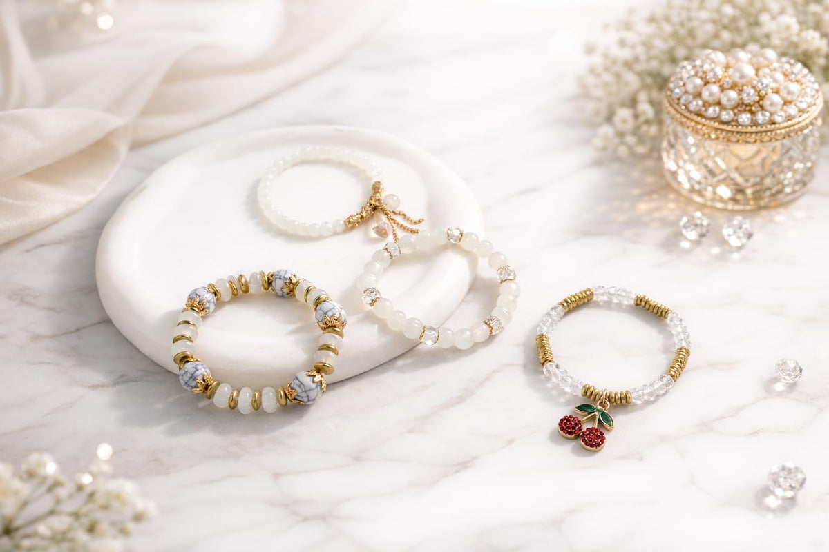 Gold Beaded Bracelets Set for Women, Elegant Pearl Bead Design Dainty Round Bead Ball Pearl Bracelet Stack for Women, Lightweight Stretch Bracelets