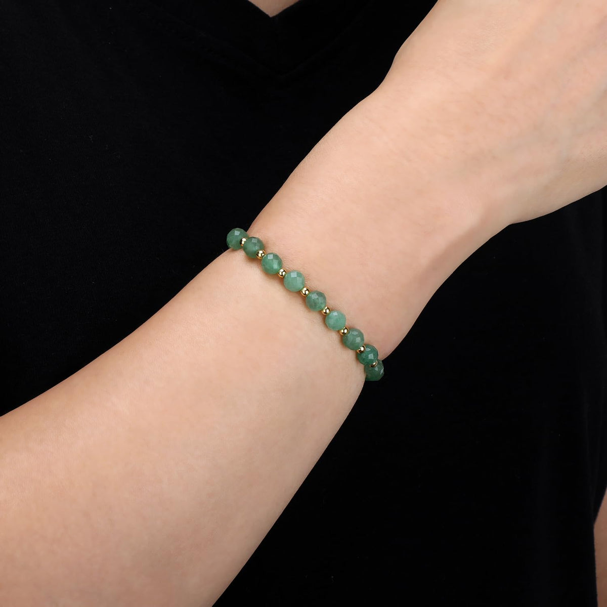 QOGIR Green Aventurine - Prosperity - 14K Gold Plated Beads Natural Gemstone Stretch Elastic Dainty Healing Beaded Bracelets Gifts 6mm