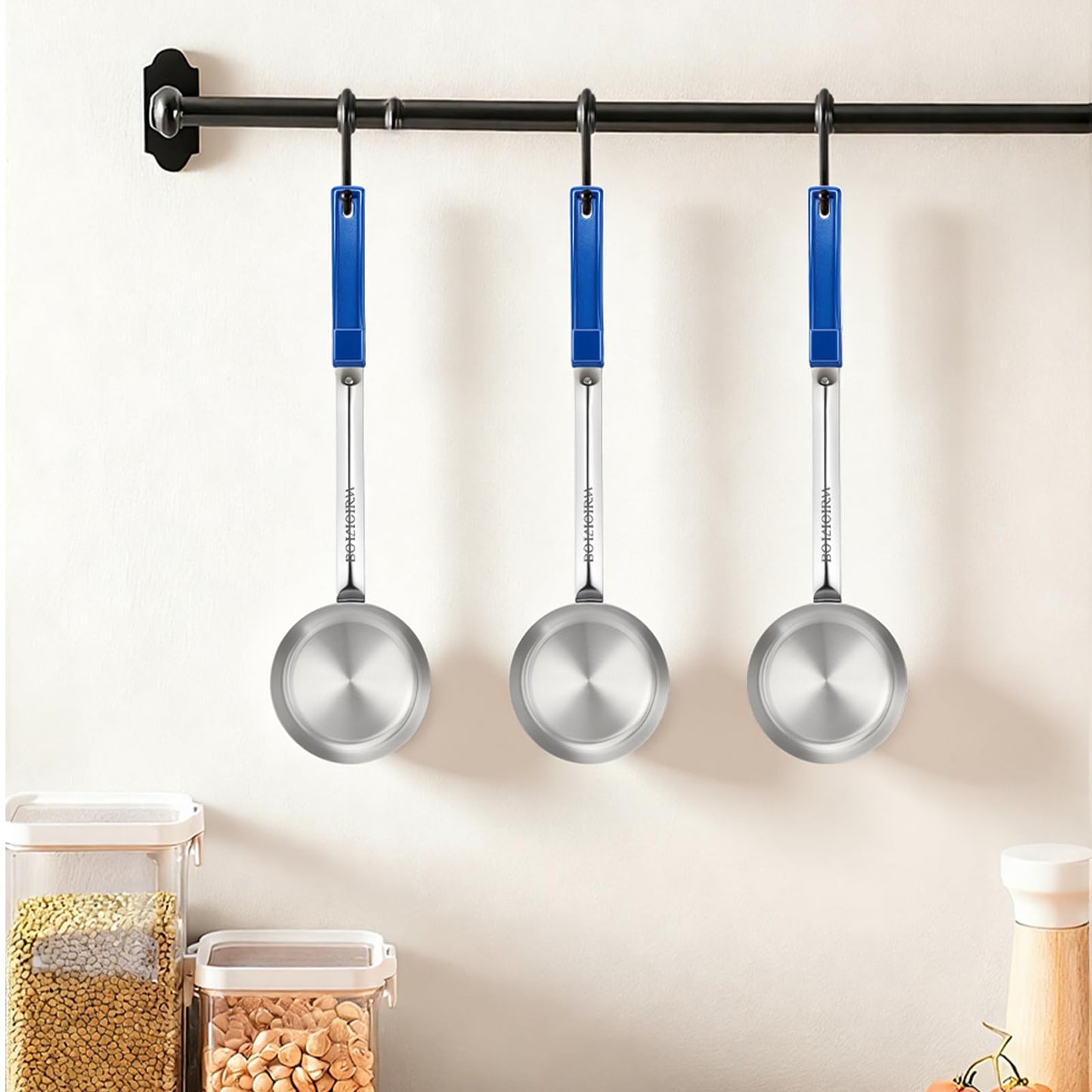 Ferrochef 8 Pcs 8oz Portion Control Serving Spoons Unslotted Portion Scoops for Food with Blue Handle, Stainless Steel Serving Utensils Set for Restaurant/Weight Loss/Baking