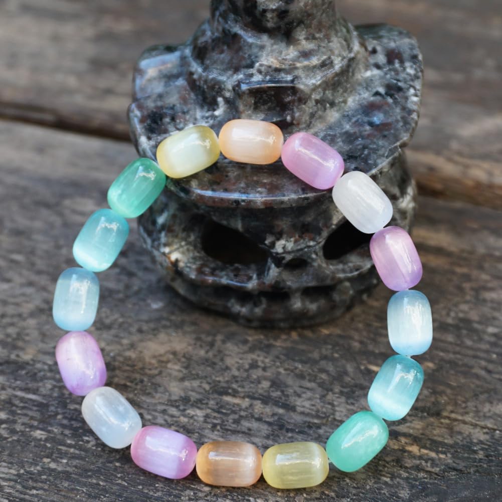 TaHLga Natural Rainbow Selenite Crystal Bracelet for Women Men | Large Plated 8x12mm Cylinder Beads | Authentic Stone with Leather Pouch, Gift Box & Repair Kit | Fits 7.5 inch Wrist