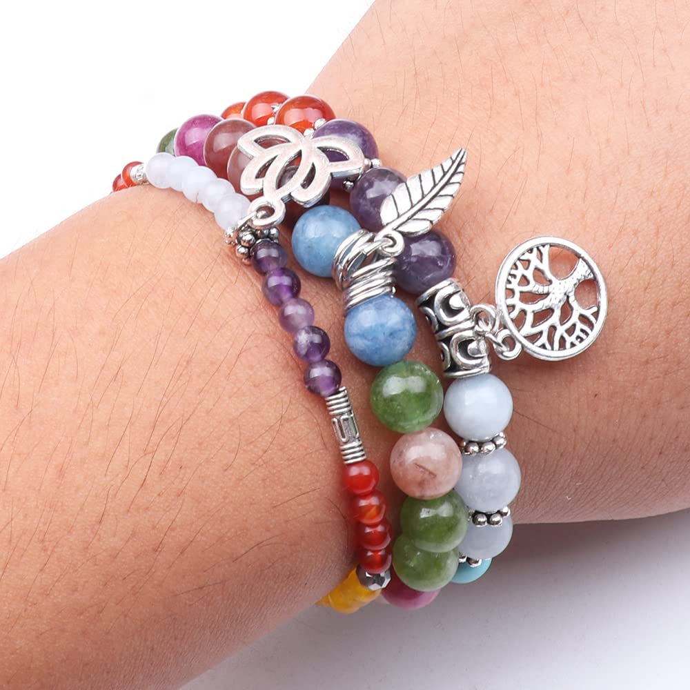 UEUC Natural Gemstone Chakra Bracelets for Women, Multilayer Tree of Life Lotus Crystal Healing Stone Bracelet Sets, Yoga Meditation Reiki Relax Bracelets for Stress Relief(#122)