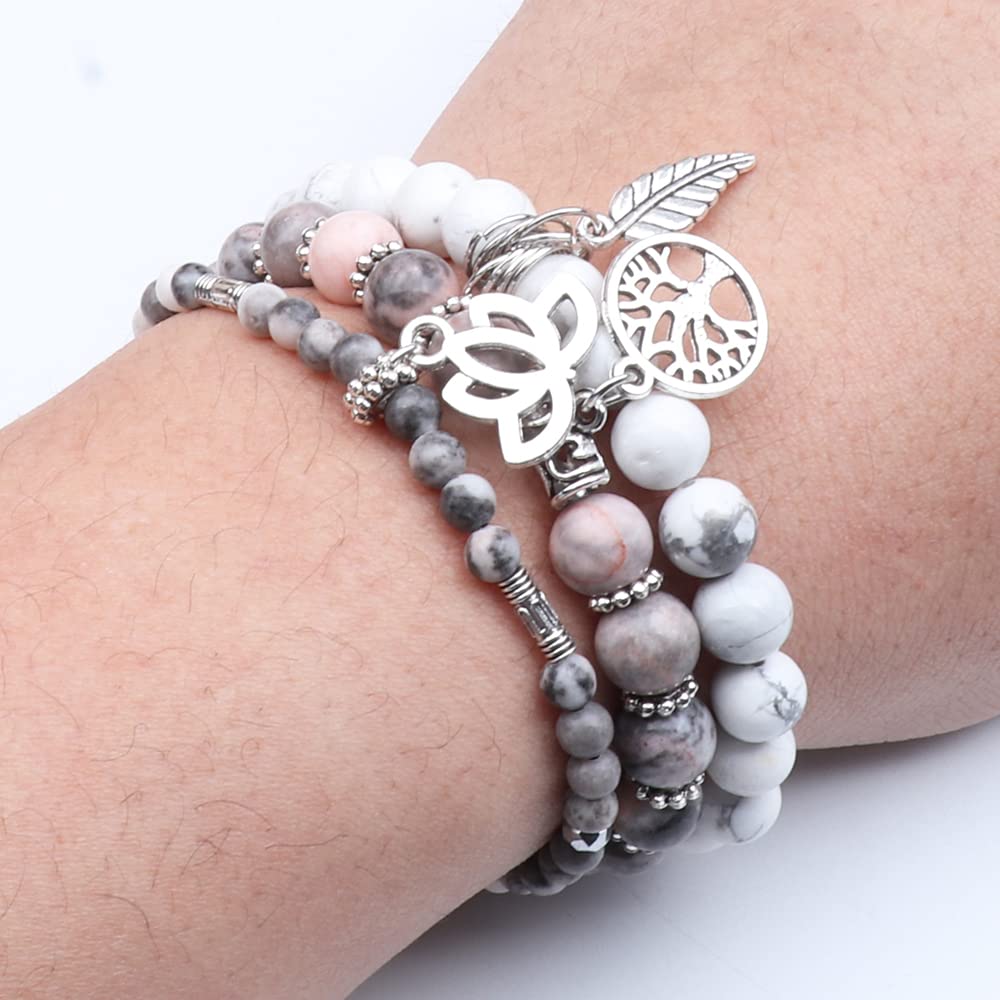 UEUC Tree of Life Yoga Healing Bracelets, Multilayer Lotus Chakra Reiki Bracelet Sets, Anxiety Crystal Natural Stone, for Women Stress Relief (Pink Leopard + White Turquoise)