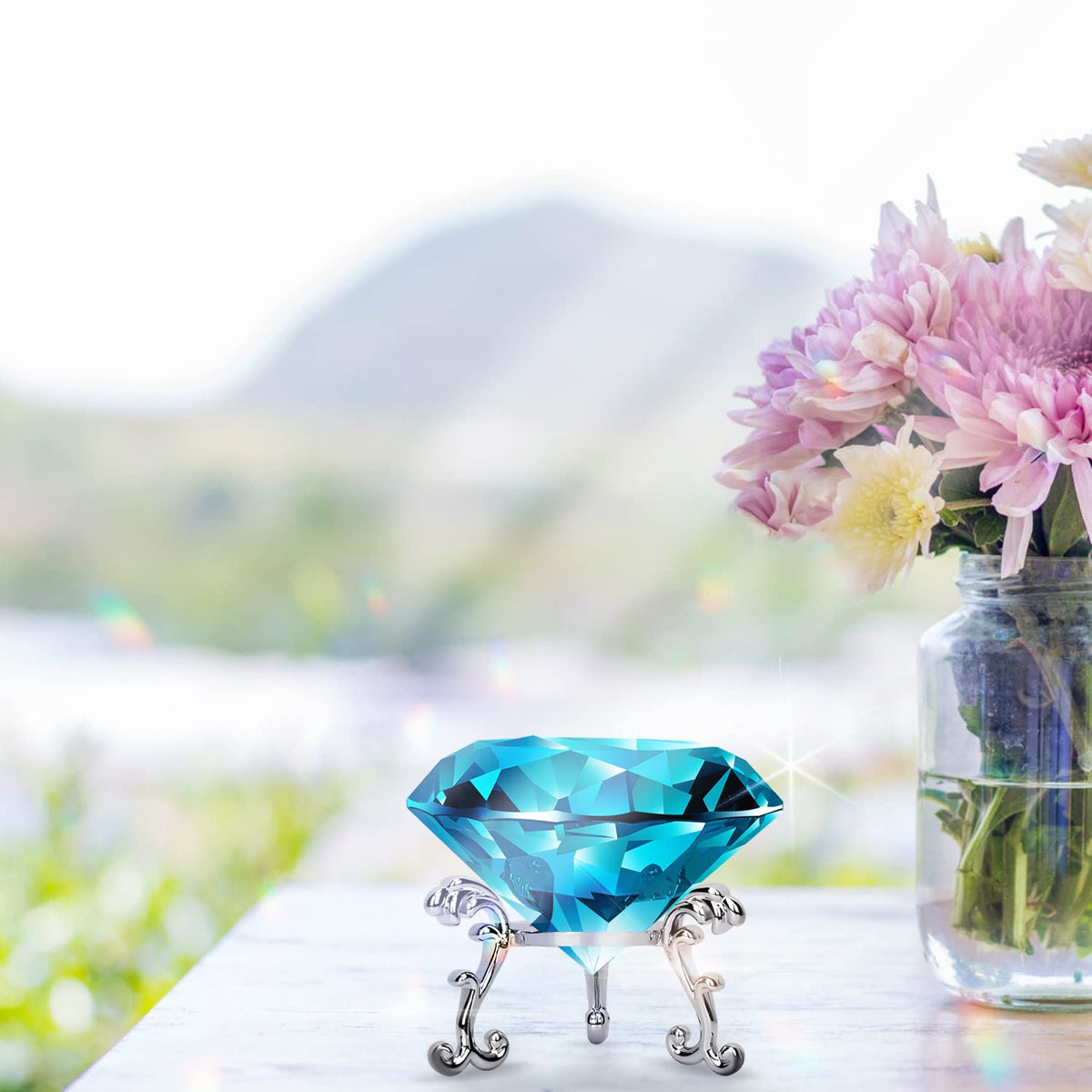 60mm(2.36 in) Large Crystal Diamond Paperweight with Stand Jewels Wedding Decorations Centerpieces Home Decor (60mm, Light Blue)