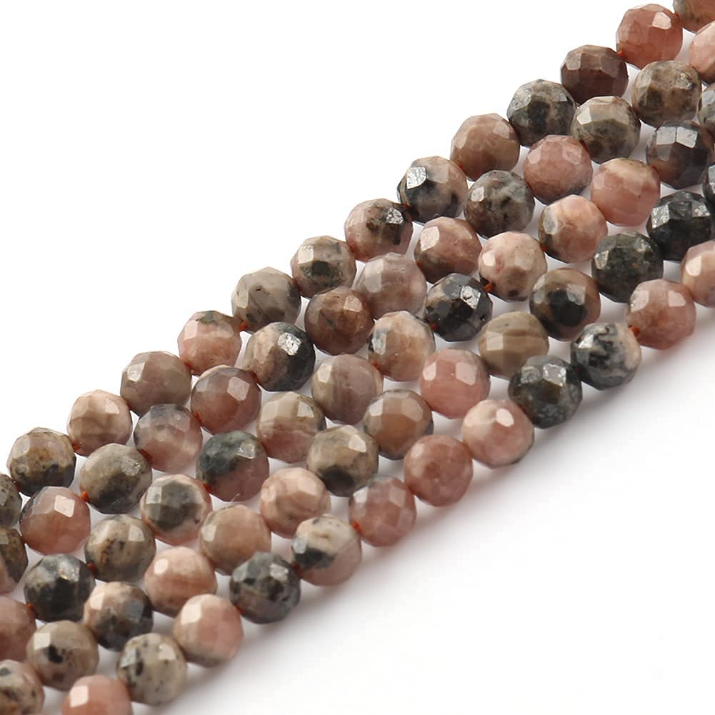 Song Xi 90pcs 4mm Natural Black Stripe Rhodochrosite Gemstone Beads Faceted Round Loose Stone Beads for Jewelry Making (1 Strand)