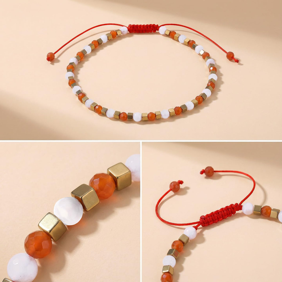 BEADSENER Red Carnelian Adjustable Charming Bracelet for Women, 3mm Natural Shell Gemstone Hematite Stone Beads, Pull String Slider Metal Free Design Waterproof, Gift for Her Daily Wear