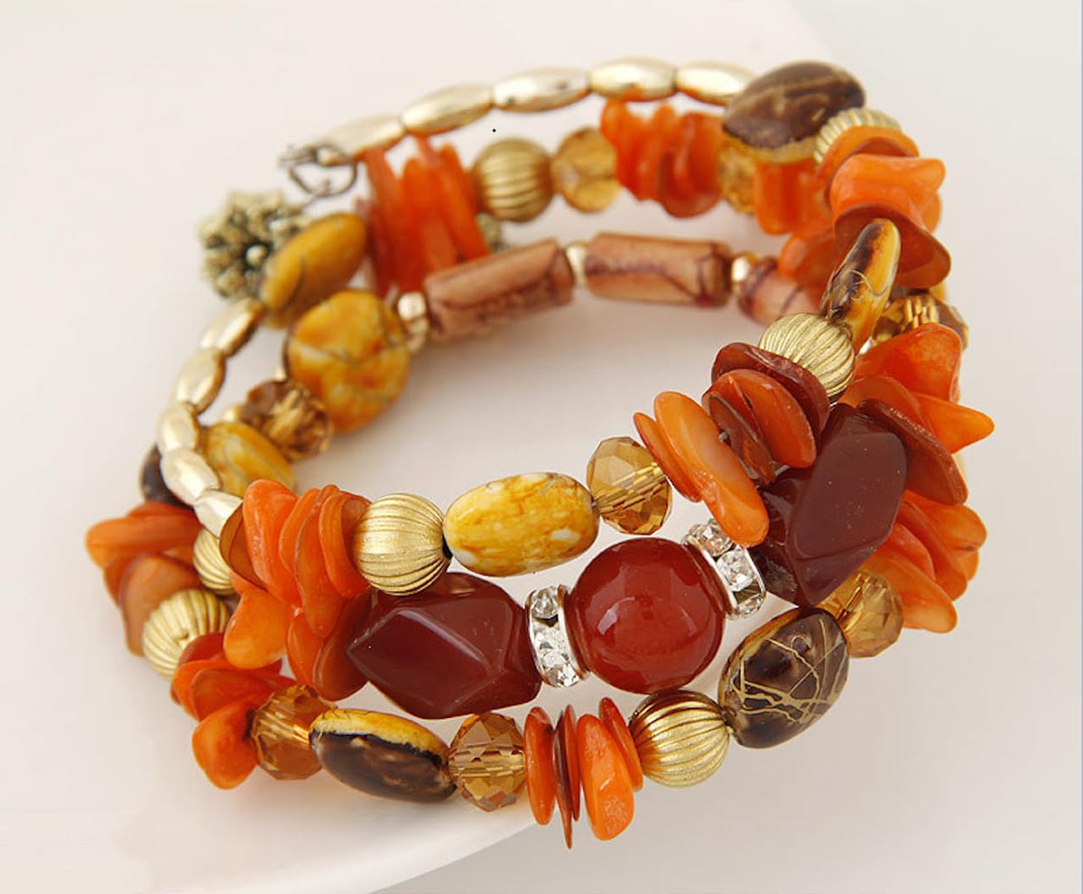 Jewellify Women Retro Crushed Natural Stone Bracelet Multi-Layer Winding Shell Beaded Bracelets (Orange)