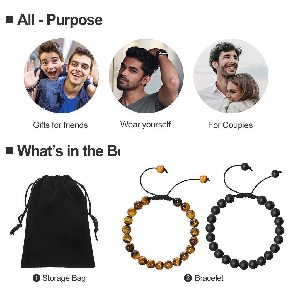 M MOOHAM Mens Bracelet Gifts for Him - Tiger Eye Black Matte Agate Mens Adjustable Bracelet Gifts for Teen Boy 16-18