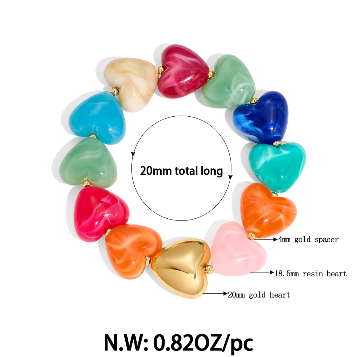 FAUTHENTICUTE Colorful Heart Bead Bracelet for Women with Chunky Gold Heart Charm Boho Beaded Stretch Bracelet Stack Chunky Rainbow Bead Strand Bracelets for Summer Beach Jewelry Gift
