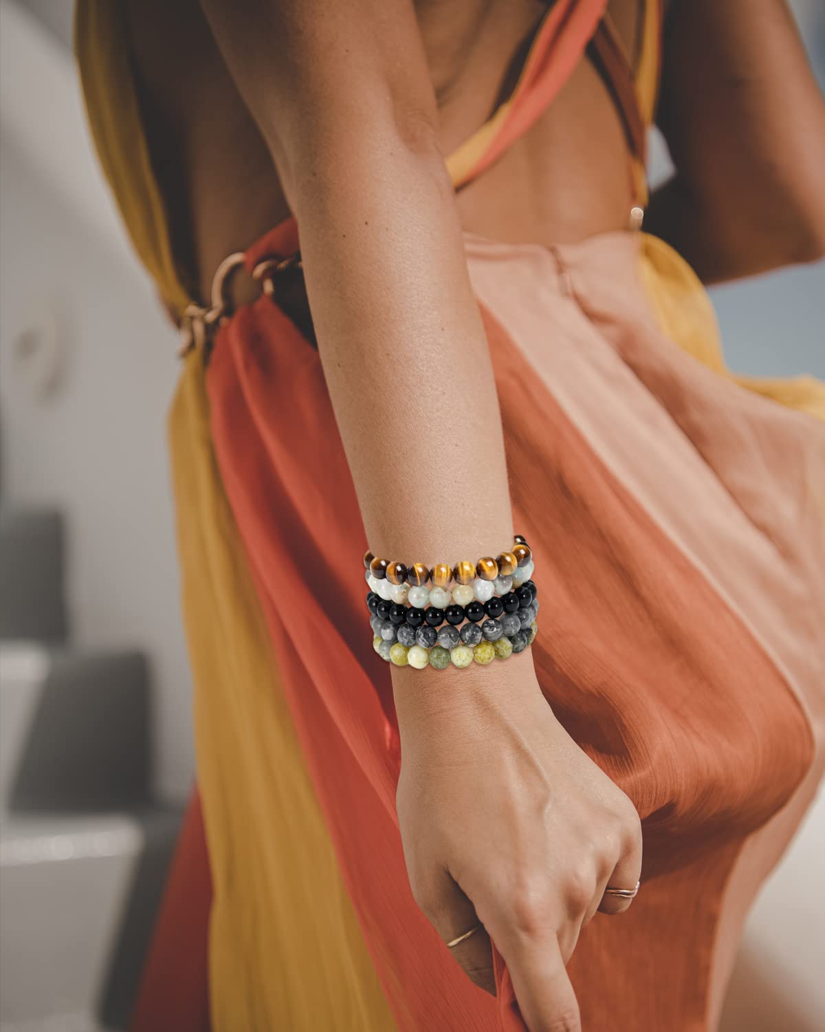 BOMAIL 5PCS Semi-Precious Gemstone Bracelet - Healing Crystal Stone Beaded Bracelets for Women Men 8mm Round Beaded Stretch Bracelets Unisex Yoga Bracelets