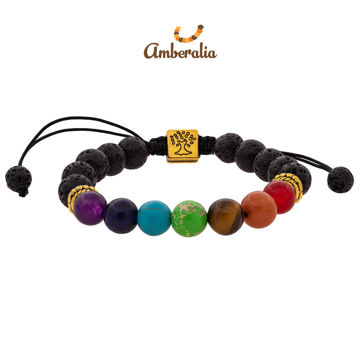 Amberalia Chakra Bracelet, Adjustable, Lava Stone Beads, Tree of Life Charm, Gold