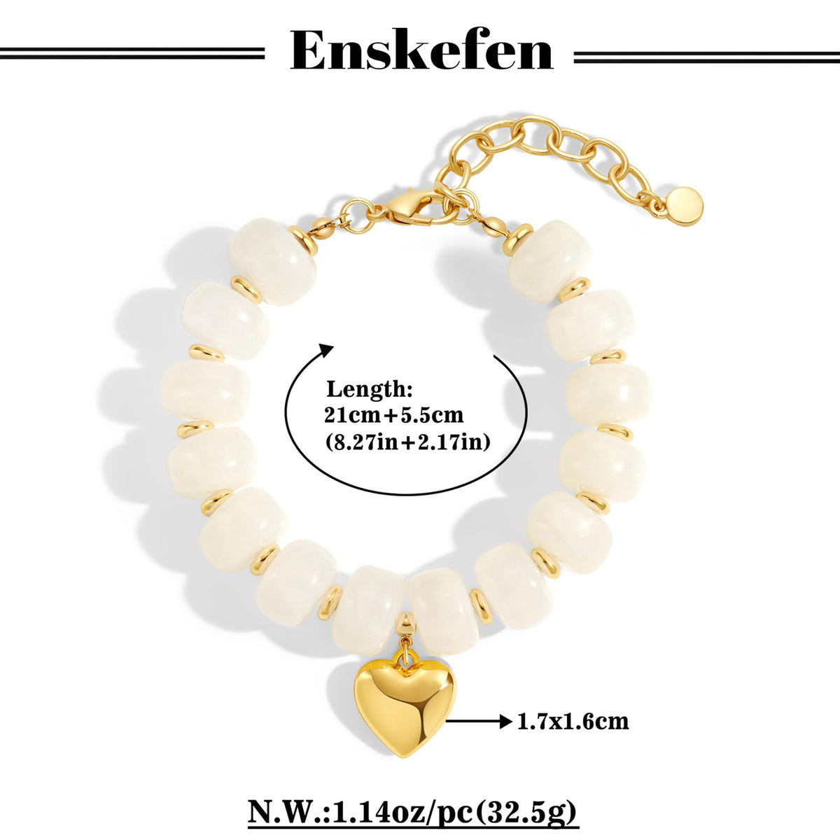 ENSKEFEN White Beaded Heart Bracelets for Women Trendy Chunky Cream Beige Resin Beads Bracelet Summer Boho Statement Heart Charm Bracelet Jewelry