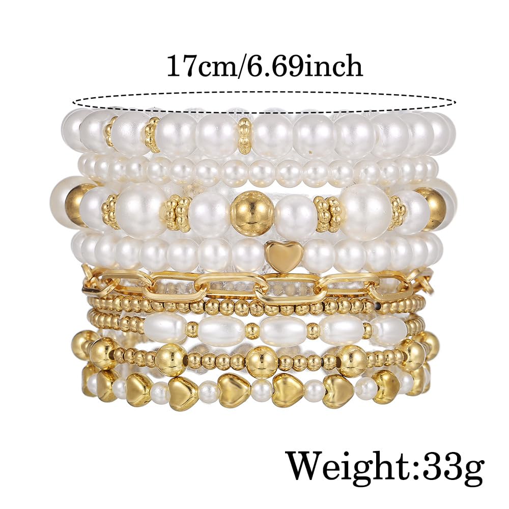 KZL Chunky Imitation Pearl Stackable Stretch Bracelet Set for Women 14K Gold Plated Beaded Stack Bracelets Layered Pearl Elastic Bracelets Wedding Jewelry Gifts-Style 1