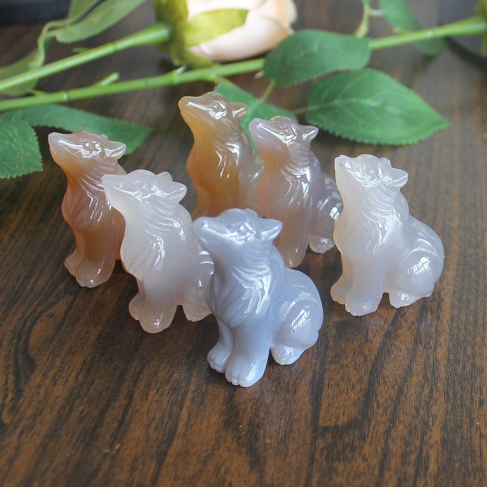 HLbshi Hand Carved Gemstone Crystal Wolf Figurine Animal Statue Carving Office Home Decor Collections 2'' (Gray Agate)