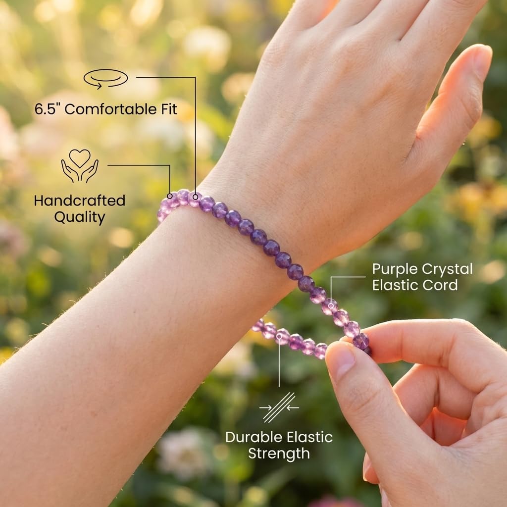 Angelstones Natural Amethyst Gemstone Stretch Bracelet, 4mm Faceted Round Beads, Crystal Healing for Women